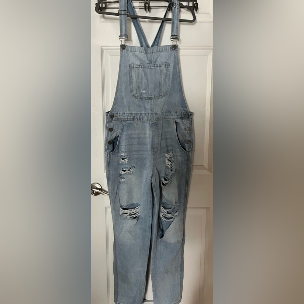 Source Unknown Light Blue Distressed Overalls Mei… - image 1